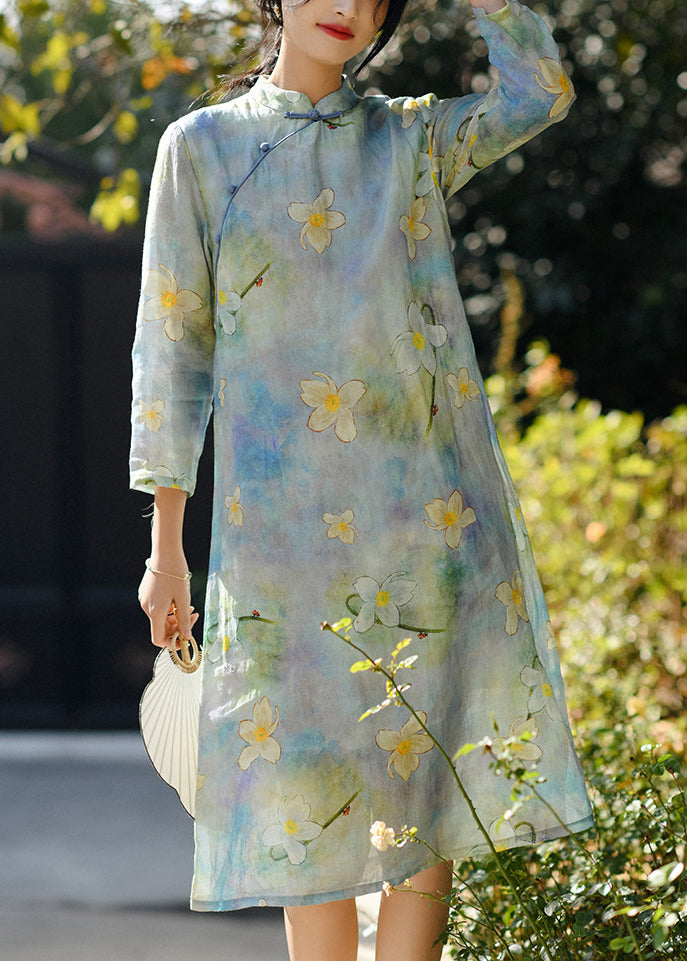 Chinese Style Blue Print Button Patchwork Linen Dresses Fall