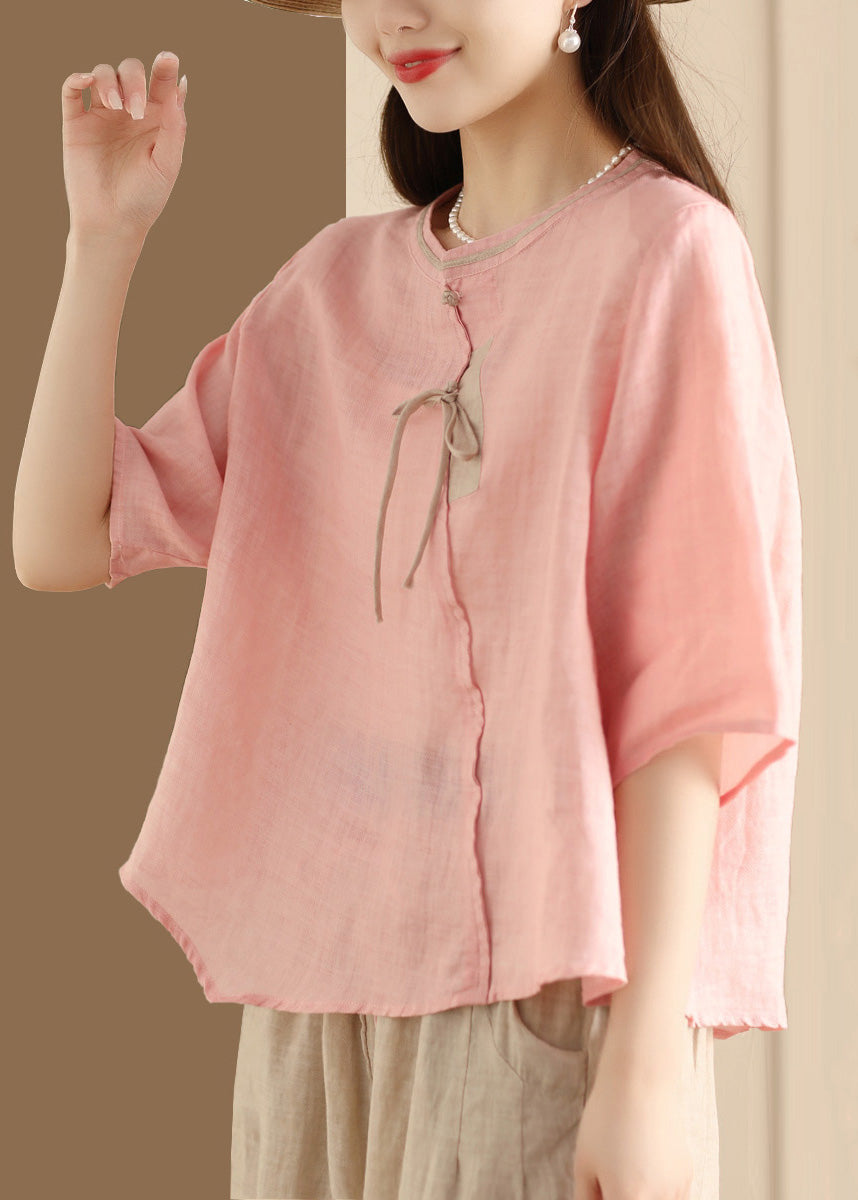 Chinese Style Blue Stand Collar Button Linen Shirt Top Summer