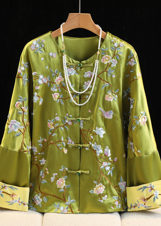 Chinese Style Green O-Neck Embroidered Silk Coats Fall