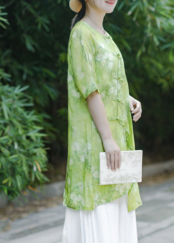 Chinese Style Green Print Asymmetrical Button Linen Shirt Summer