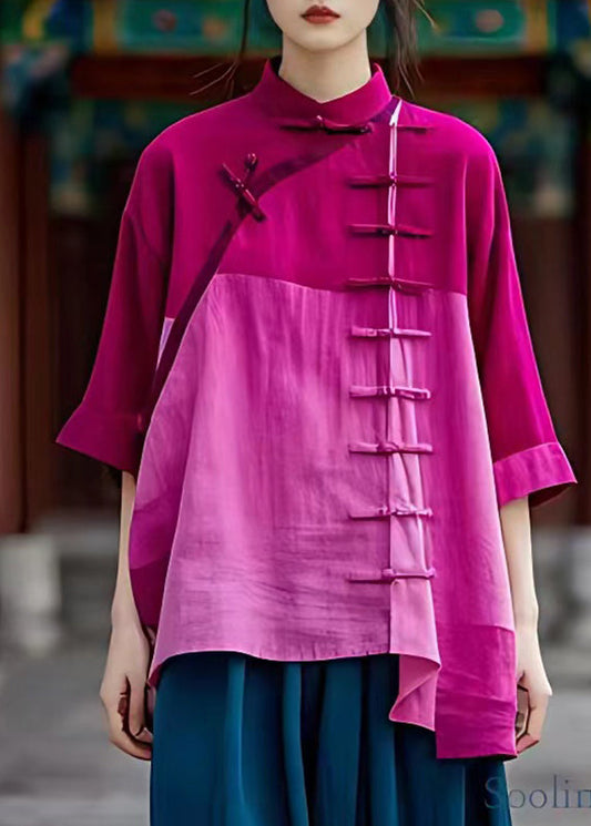 Chinese Style Light Purple Stand Collar Asymmetrical Button Shirt Summer