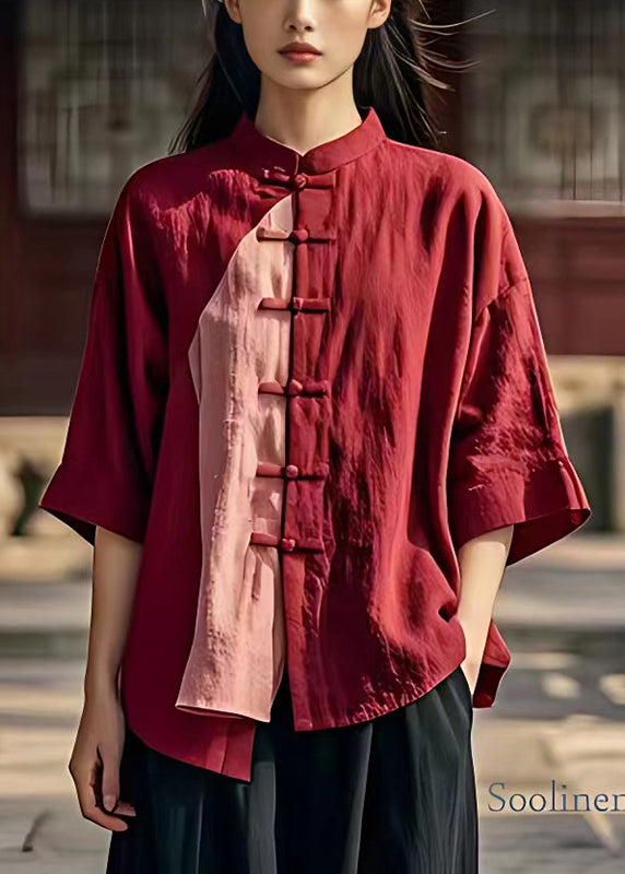 Chinese Style Mulberry Asymmetrical Patchwork Linen Shirt Top Summer