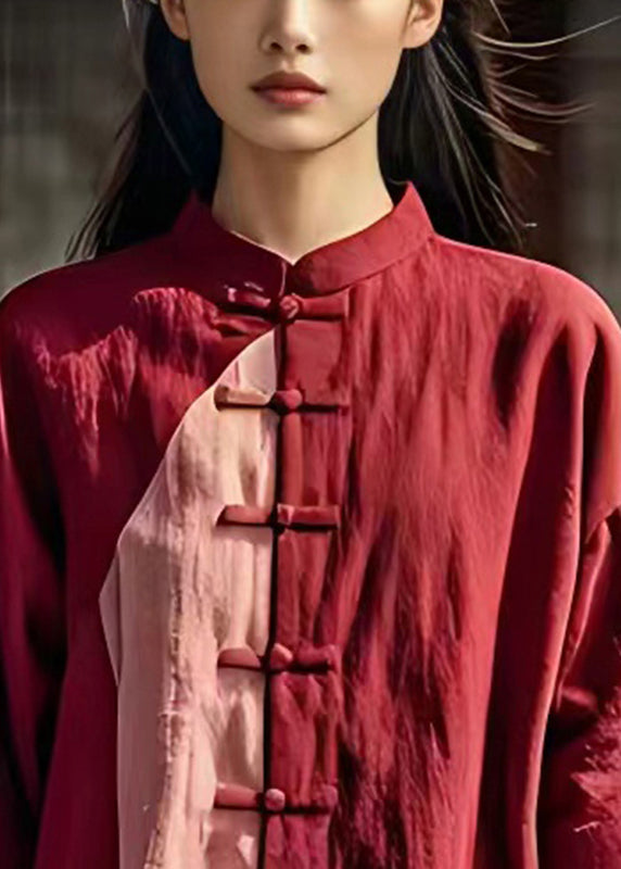 Chinese Style Mulberry Asymmetrical Patchwork Linen Shirt Top Summer