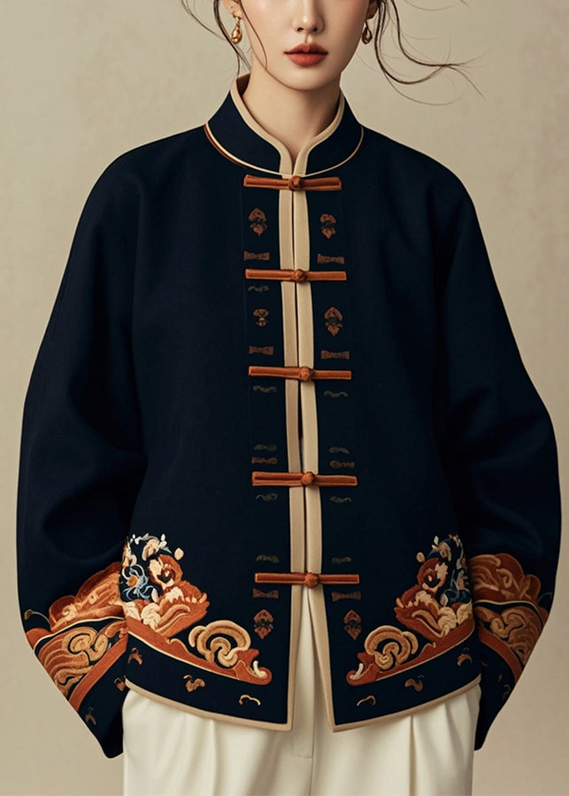 Chinese Style Navy Stand Collar Print Cotton Coats Fall