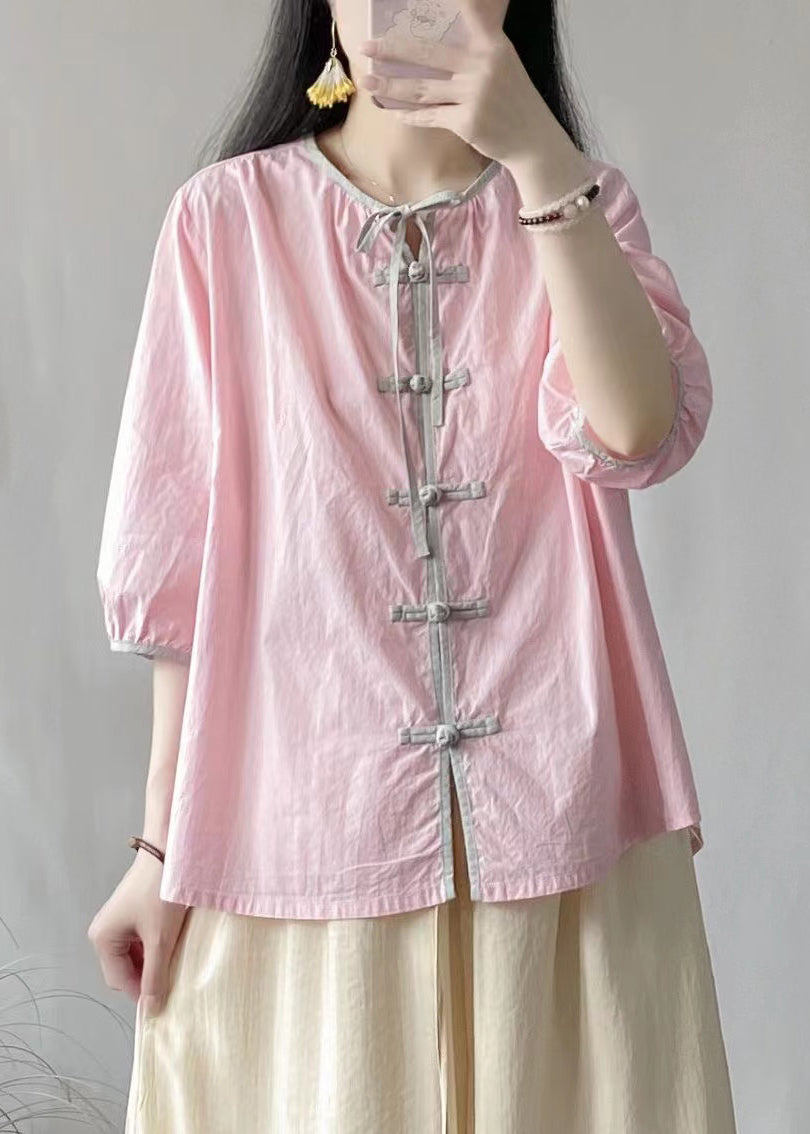 Chinese Style Pink O Neck Lace Up Cotton Shirt Tops Bracelet Sleeve