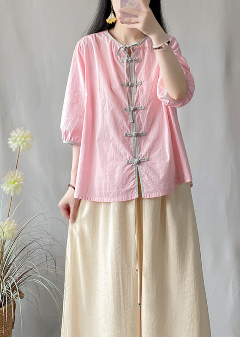 Chinese Style Pink O Neck Lace Up Cotton Shirt Tops Bracelet Sleeve