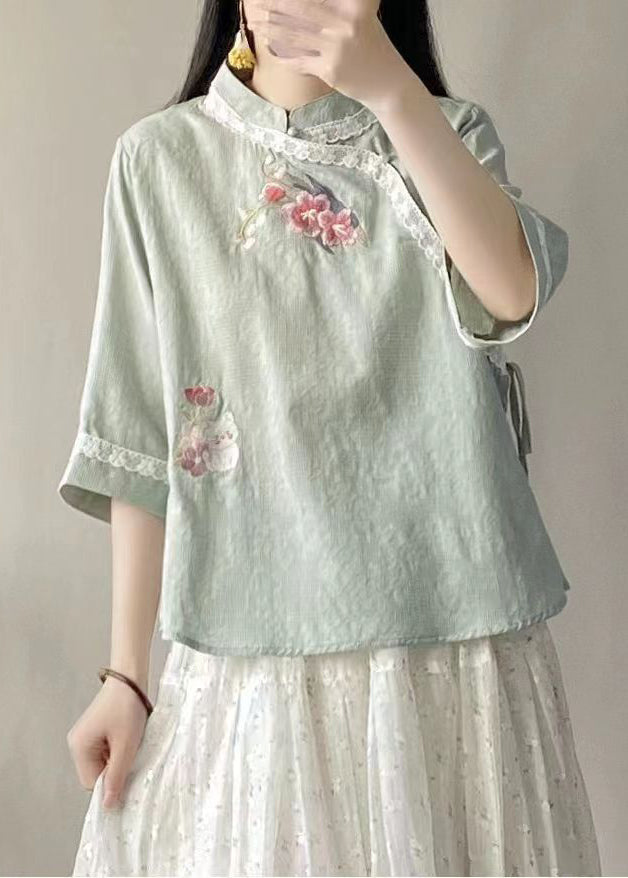 Chinese Style Pink Stand Collar Embroideried Cotton Shirt Half Sleeve