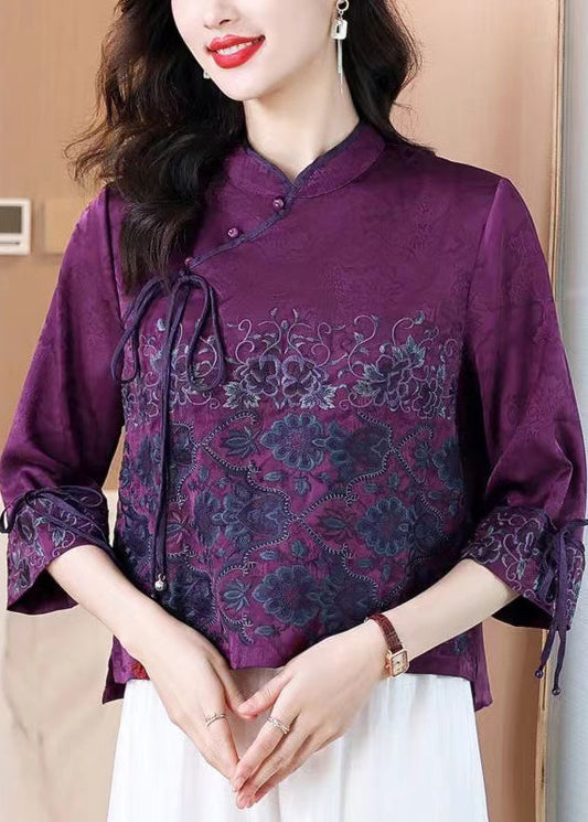 Chinese Style Purple Embroidered Lace Up Silk Shirt Spring