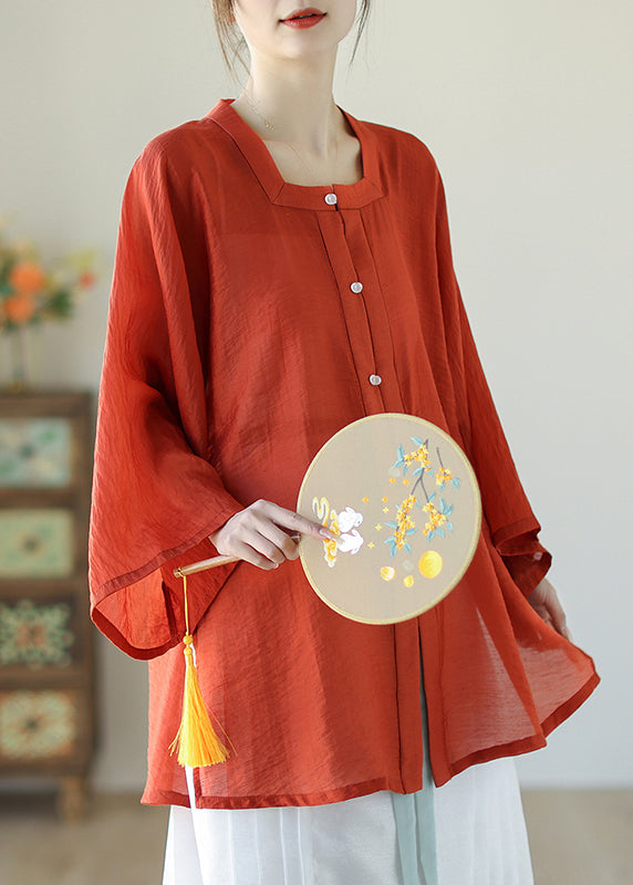 Chinese Style Red Patchwork Square Collar Silk Linen Top Fall