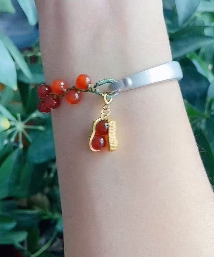 Chinese Style Red Sterling Silver Agate Peanut Charm Bracelet