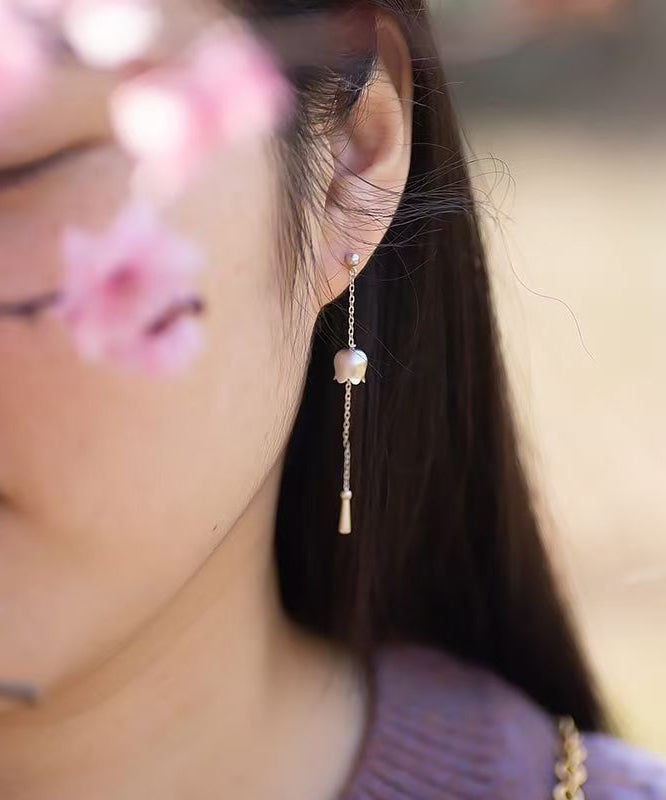 Chinese Style Silk Sterling Silver Aasymmetric Tassel Drop Earrings