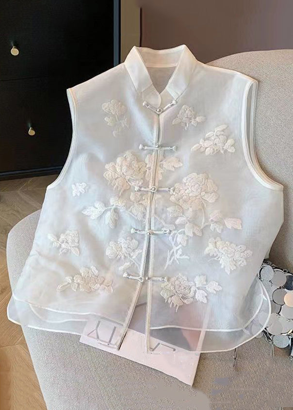 Chinese Style White Embroidered Button Tulle Waistcoat Sleeveless