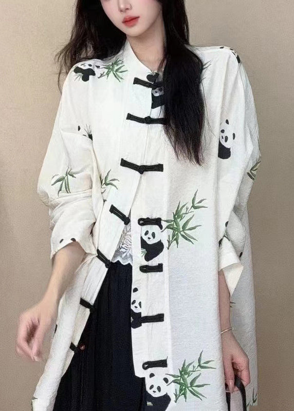 Chinese Style White Stand Collar Print Button Cotton Shirts Long Sleeve