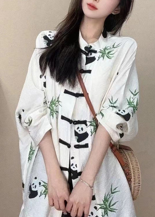 Chinese Style White Stand Collar Print Button Cotton Shirts Long Sleeve