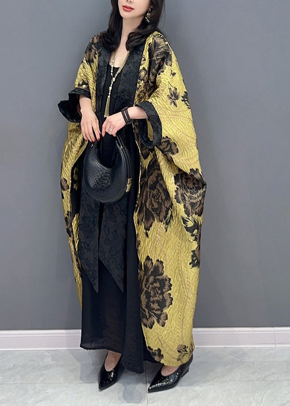 Chinese Style Yellow Floral Patchwork Cotton Cardigan Batwing Sleeve