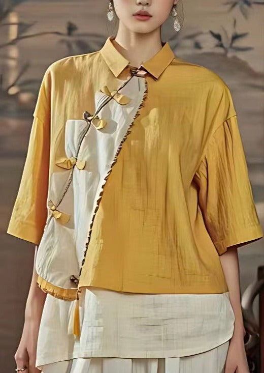 Chinese Style Yellow Peter Pan Collar Button Linen Shirts Summer