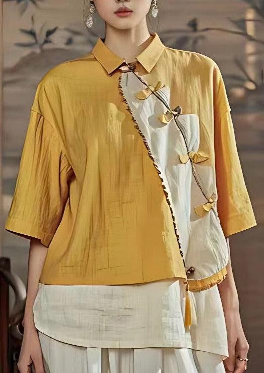 Chinese Style Yellow Peter Pan Collar Button Linen Shirts Summer