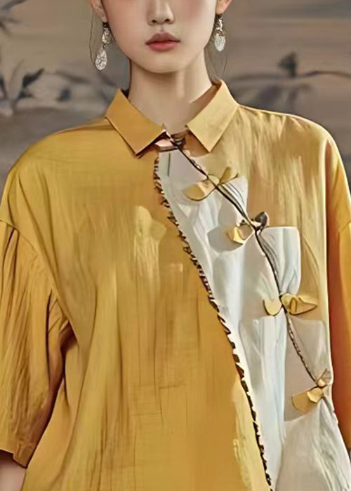 Chinese Style Yellow Peter Pan Collar Button Linen Shirts Summer