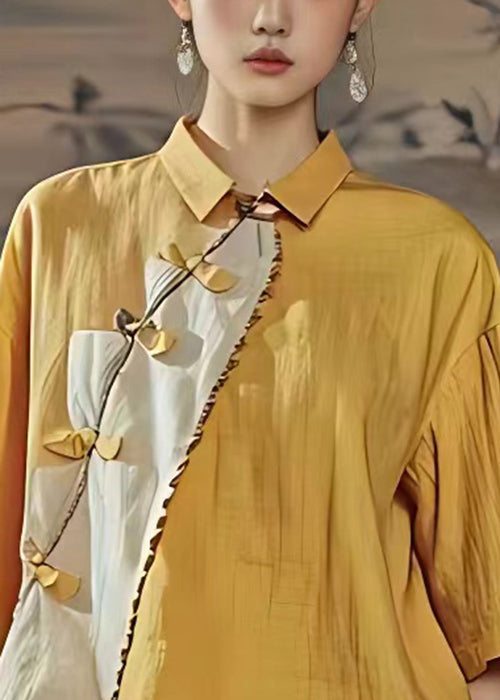 Chinese Style Yellow Peter Pan Collar Button Linen Shirts Summer