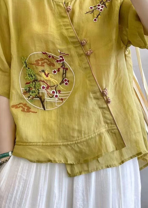 Chinese Style Yellow Stand Collar Button Patchwork Linen Top Summer