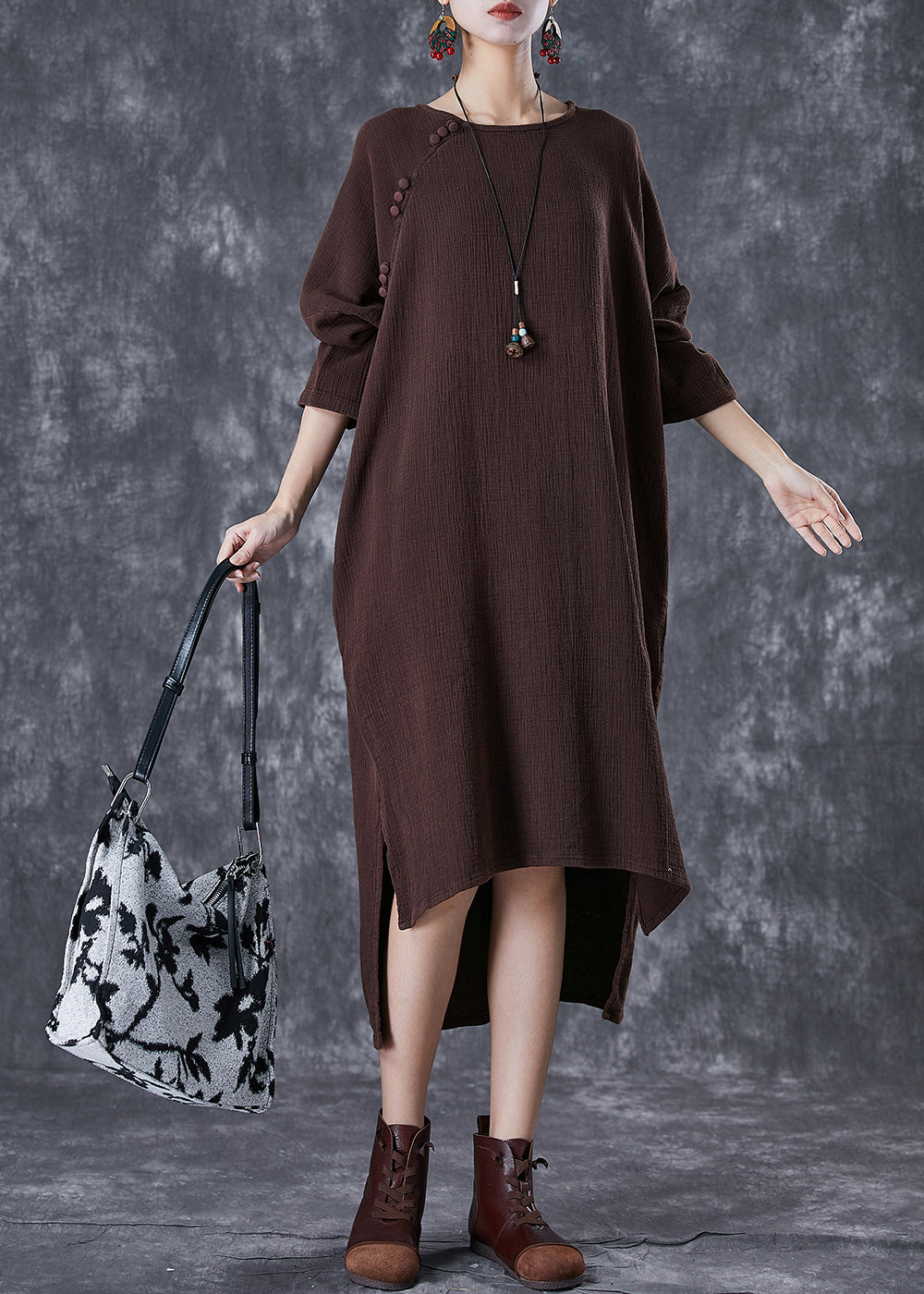 Chocolate Oversized Linen Dresses Low High Design Batwing Sleeve