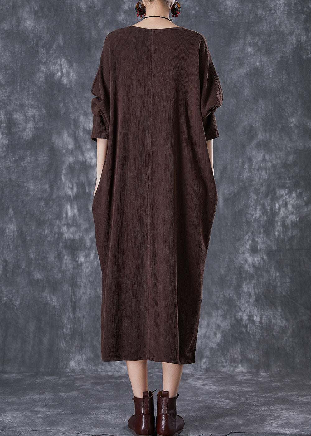 Chocolate Oversized Linen Dresses Low High Design Batwing Sleeve