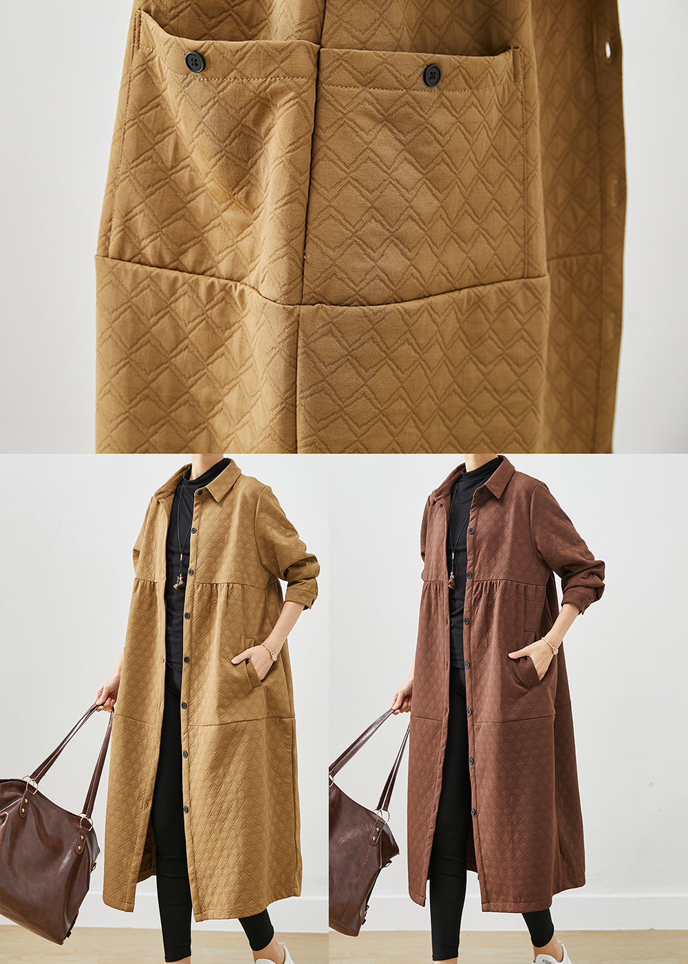 Chocolate Patchwork Cotton Trench Coats Oversized Pockets Fall