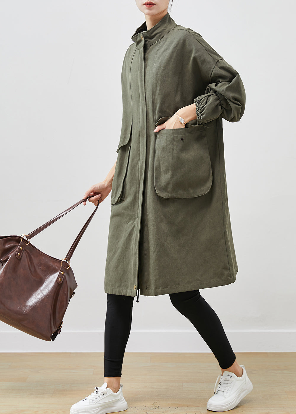 Classy Army Green Oversized Pockets Cotton Coat Outwear Spring