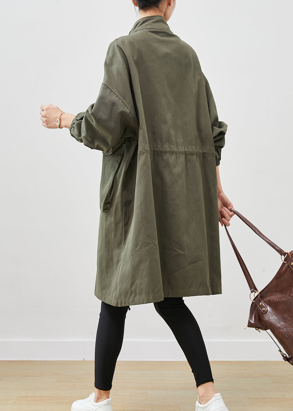 Classy Army Green Oversized Pockets Cotton Coat Outwear Spring