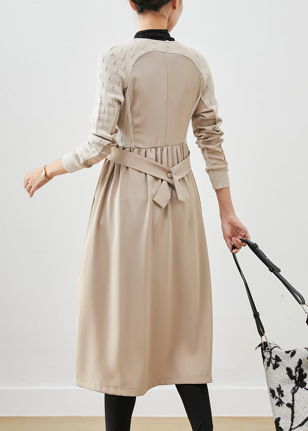 Classy Beige Chinese Button Knit Patchwork Cotton Long Dress Fall