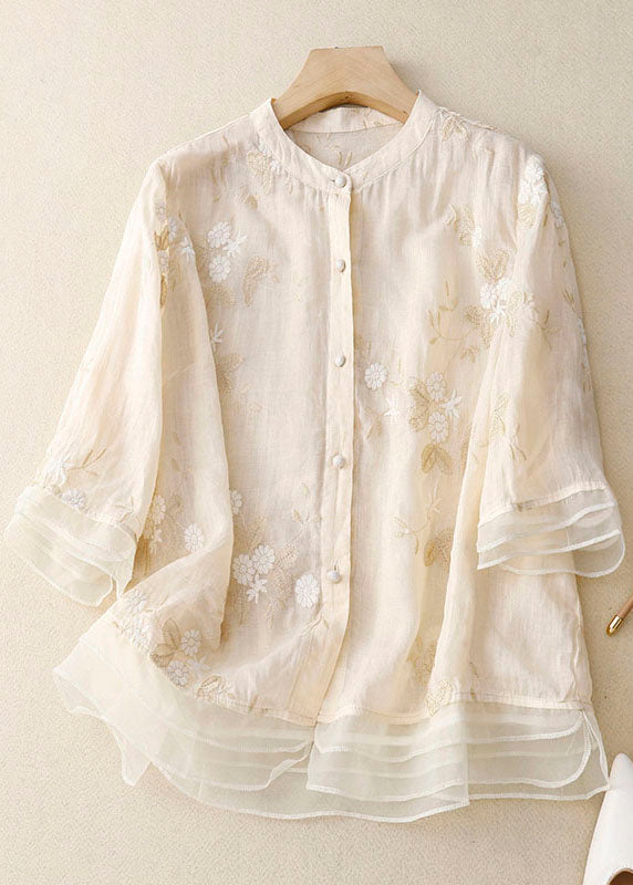 Classy Beige Embroidered Button Patchwork Cotton Shirt Tops Summer