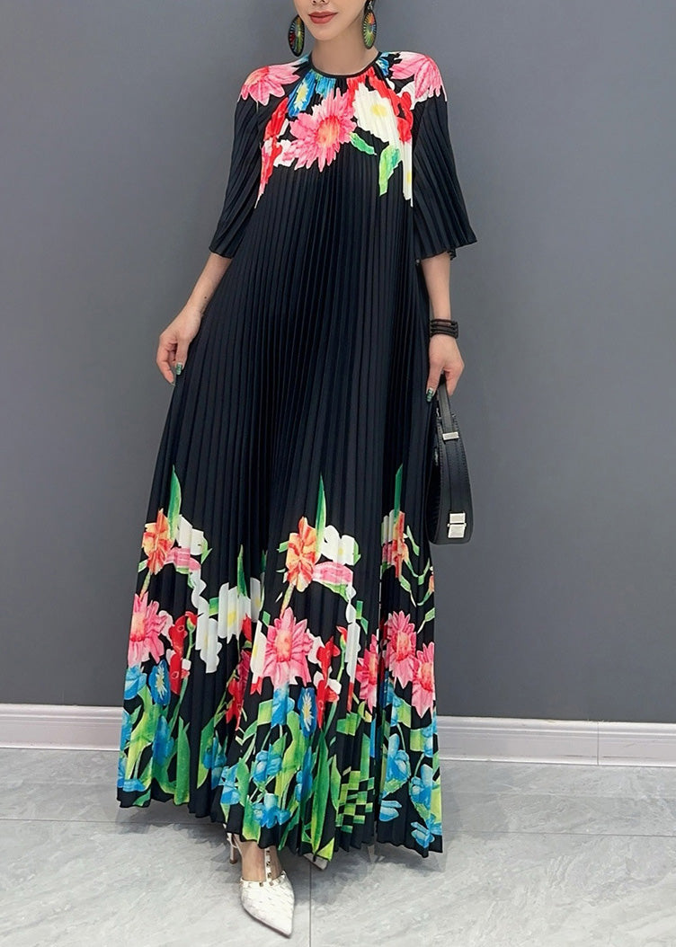 Classy Black O-Neck Print Flattering Maxi Dresses Half Sleeve