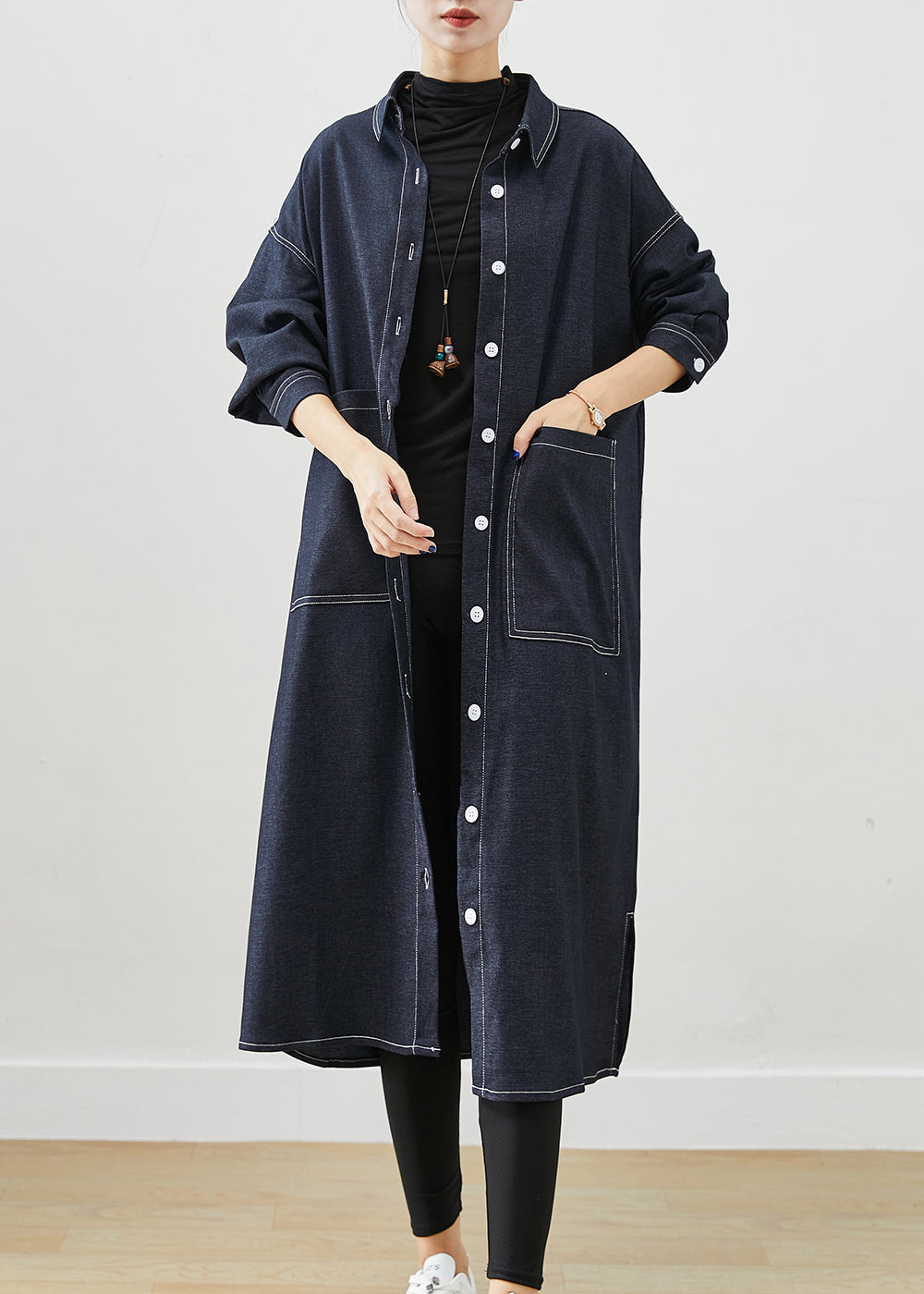 Classy Black Oversized Pockets Side Open Denim Trench Coats Fall