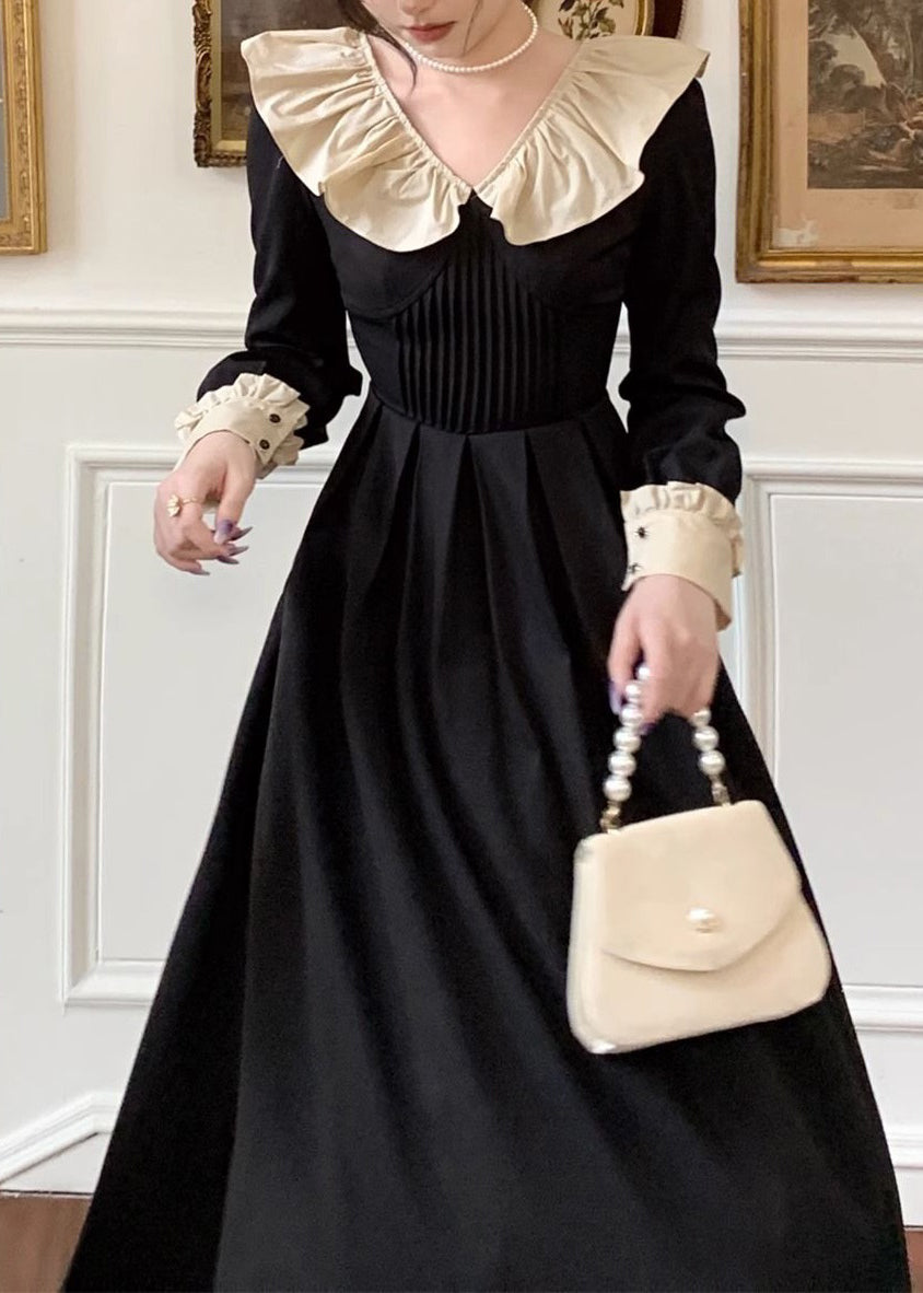 Classy Black Peter Pan Collar Ruffled Cotton Long Dresses Spring