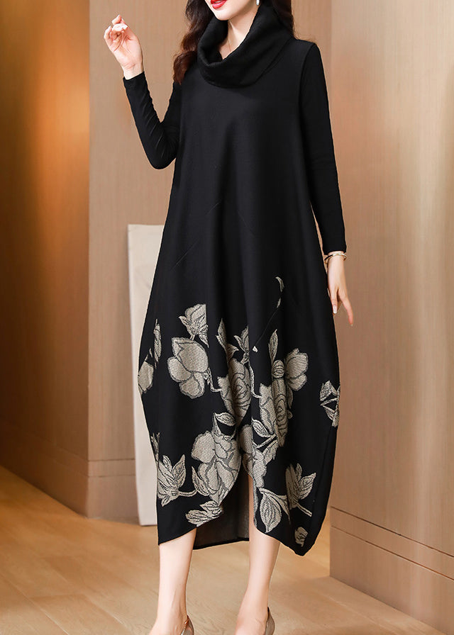 Classy Black Print Asymmetrical Patchwork Cotton Two Pieces Set Fall