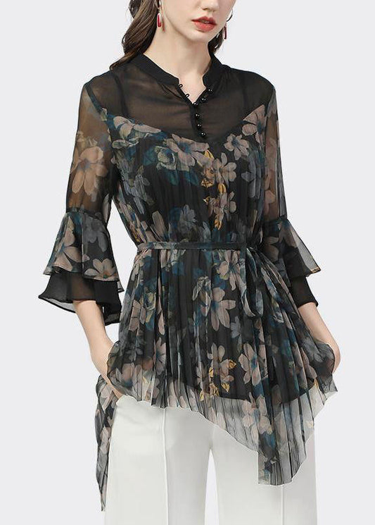 Classy Black Print Wrinkled Tie Waist Chiffon Blouse Flare Sleeve