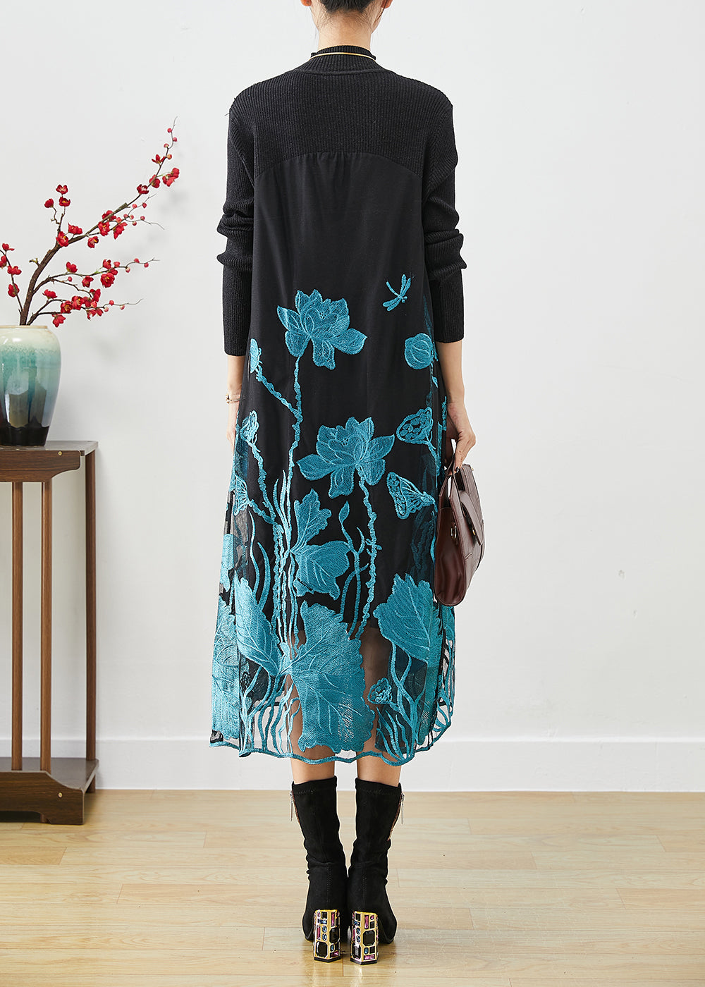 Classy Blue Lotus Embroidered Patchwork Knit Holiday Dress Fall