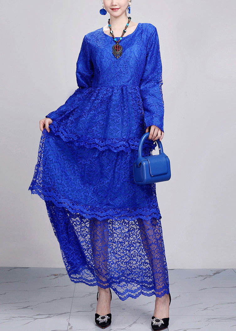 Classy Blue O Neck Hollow Out Lace Long Dress Fall