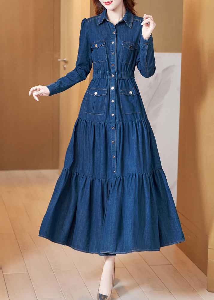 Classy Blue Peter Pan Collar Wrinkled Patchwork Denim Dress Long Sleeve