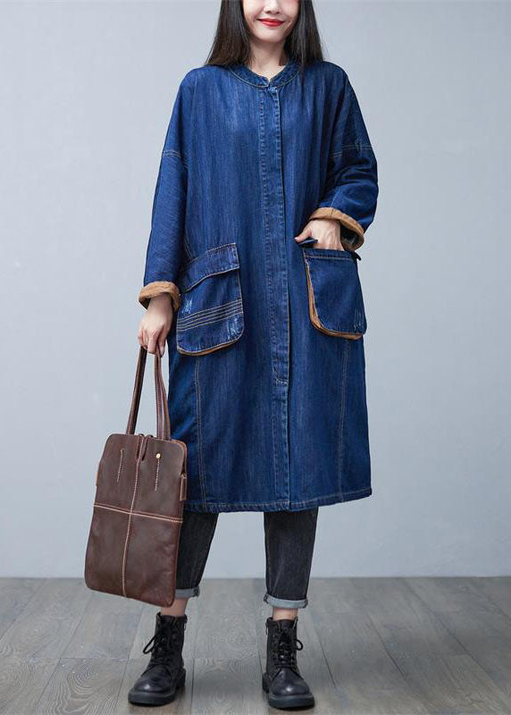 Classy Blue Stand Collar Oversized Pockets Cotton Denim Trench Coat Spring