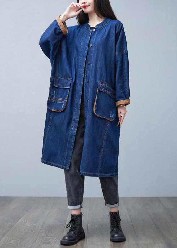 Classy Blue Stand Collar Oversized Pockets Cotton Denim Trench Coat Spring