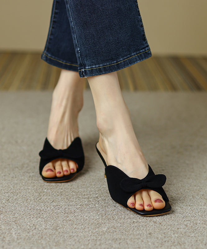 Classy Bow Splicing High Heel Blue Suede Slide Sandals