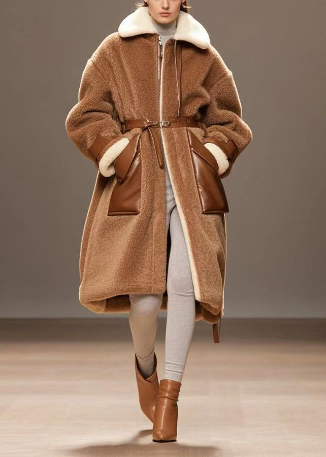 Classy Brown Oversized Patchwork Warm Fleece Coat Outwear Winter