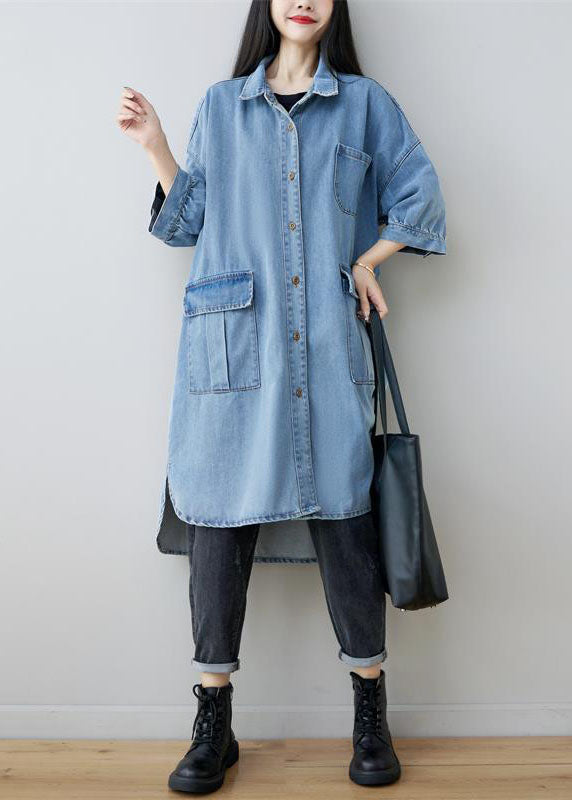 Classy Denim Blue Oversized Pockets Cotton Long Shirts Bracelet Sleeve