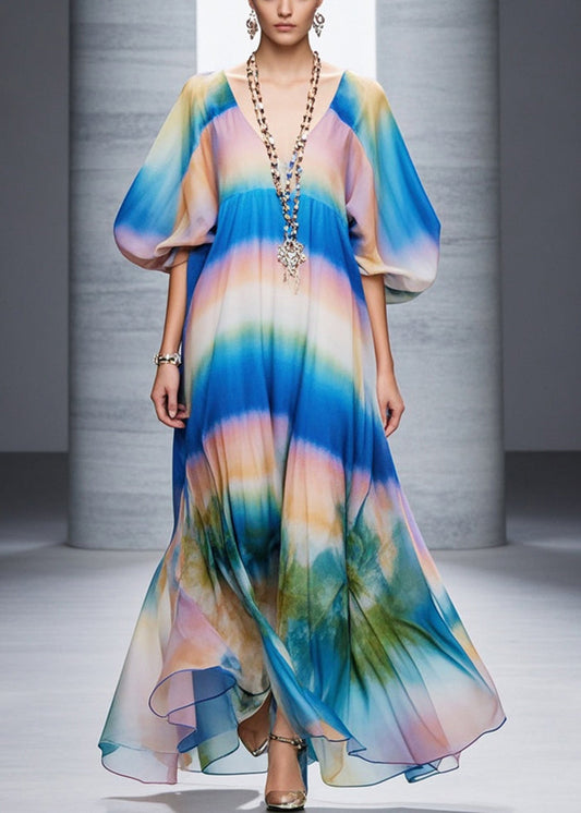 Classy Gradient Color Print Chiffon Robe Dresses Lantern Sleeve