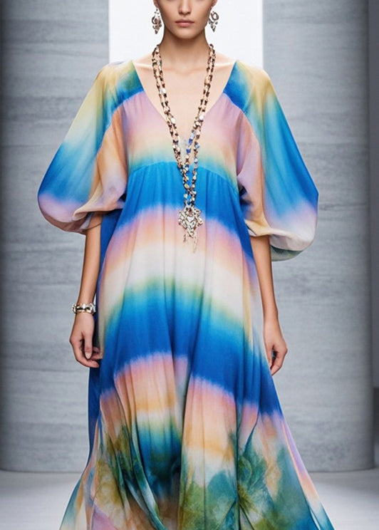 Classy Gradient Color Print Chiffon Robe Dresses Lantern Sleeve