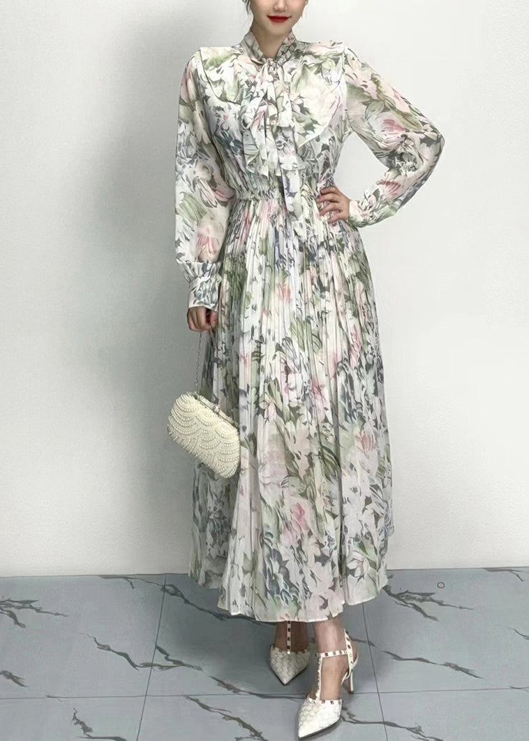 Classy Grey Bow Print Wrinkled Cotton Long Dresses Long Sleeve