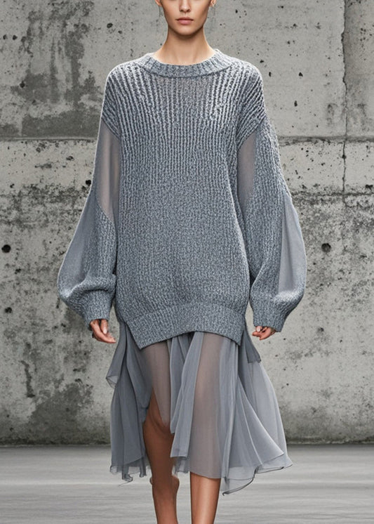 Classy Grey Oversized Patchwork Tulle Cozy Sweater Dress Winter