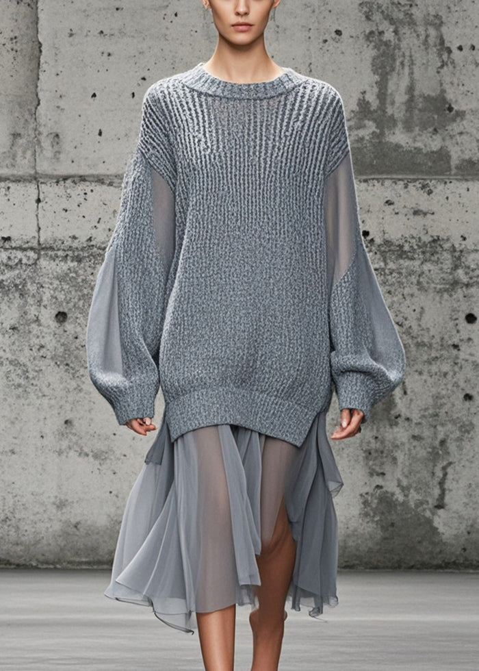 Classy Grey Oversized Patchwork Tulle Cozy Sweater Dress Winter