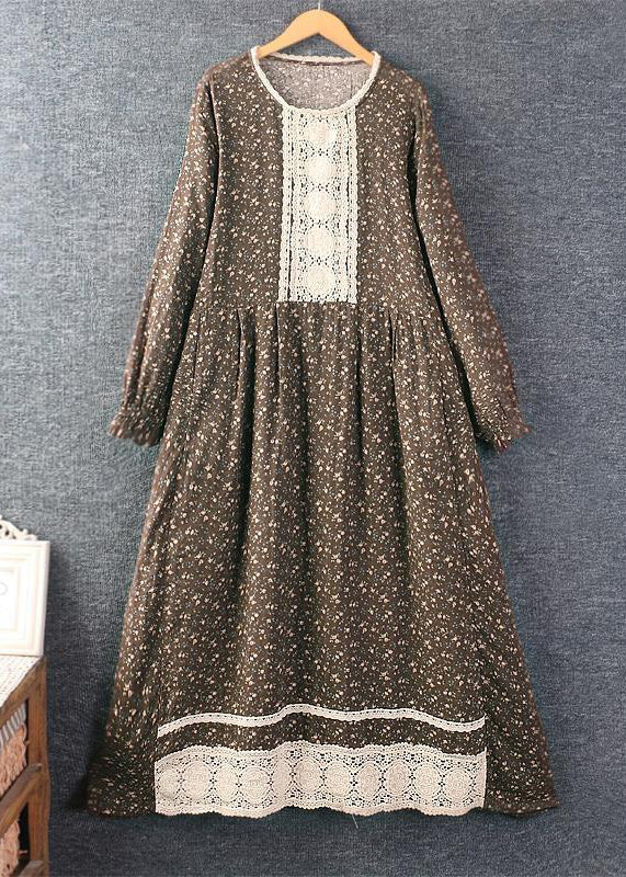 Classy Khaki O Neck Print Lace Patchwork Cotton Long Dress Spring